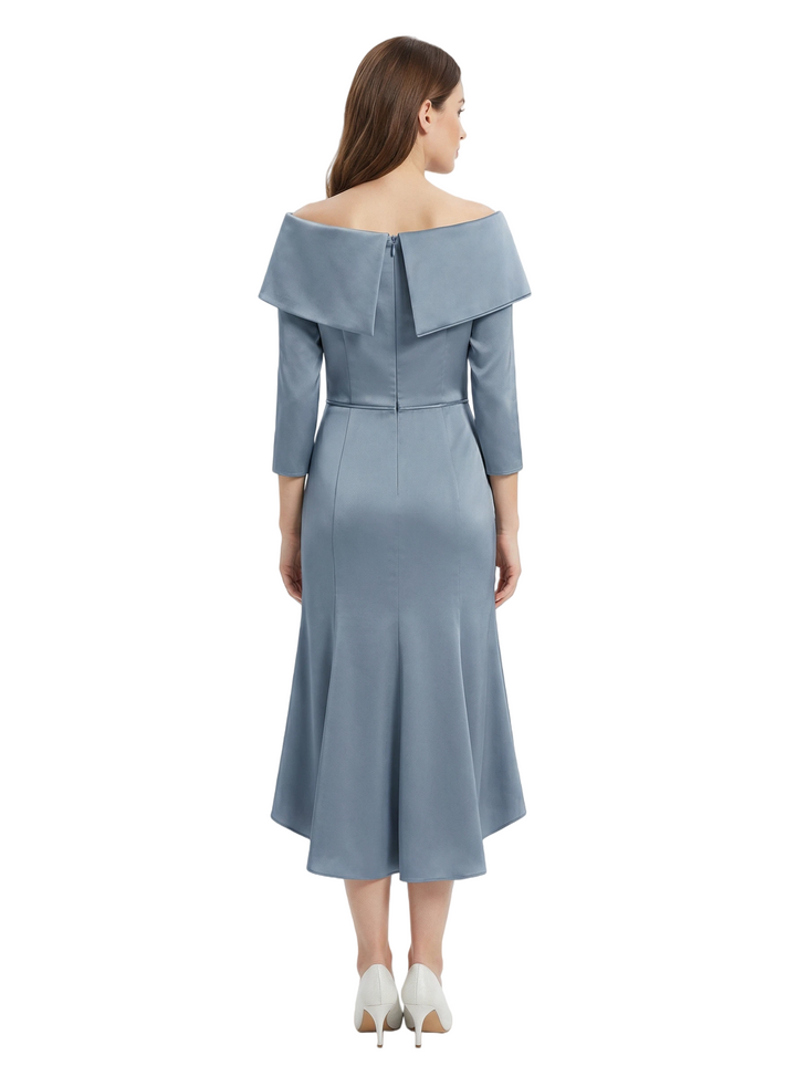 Classy Off Shoulder Satin Mother of The Groom Dress Tea-Length With Sleeves for Special Events