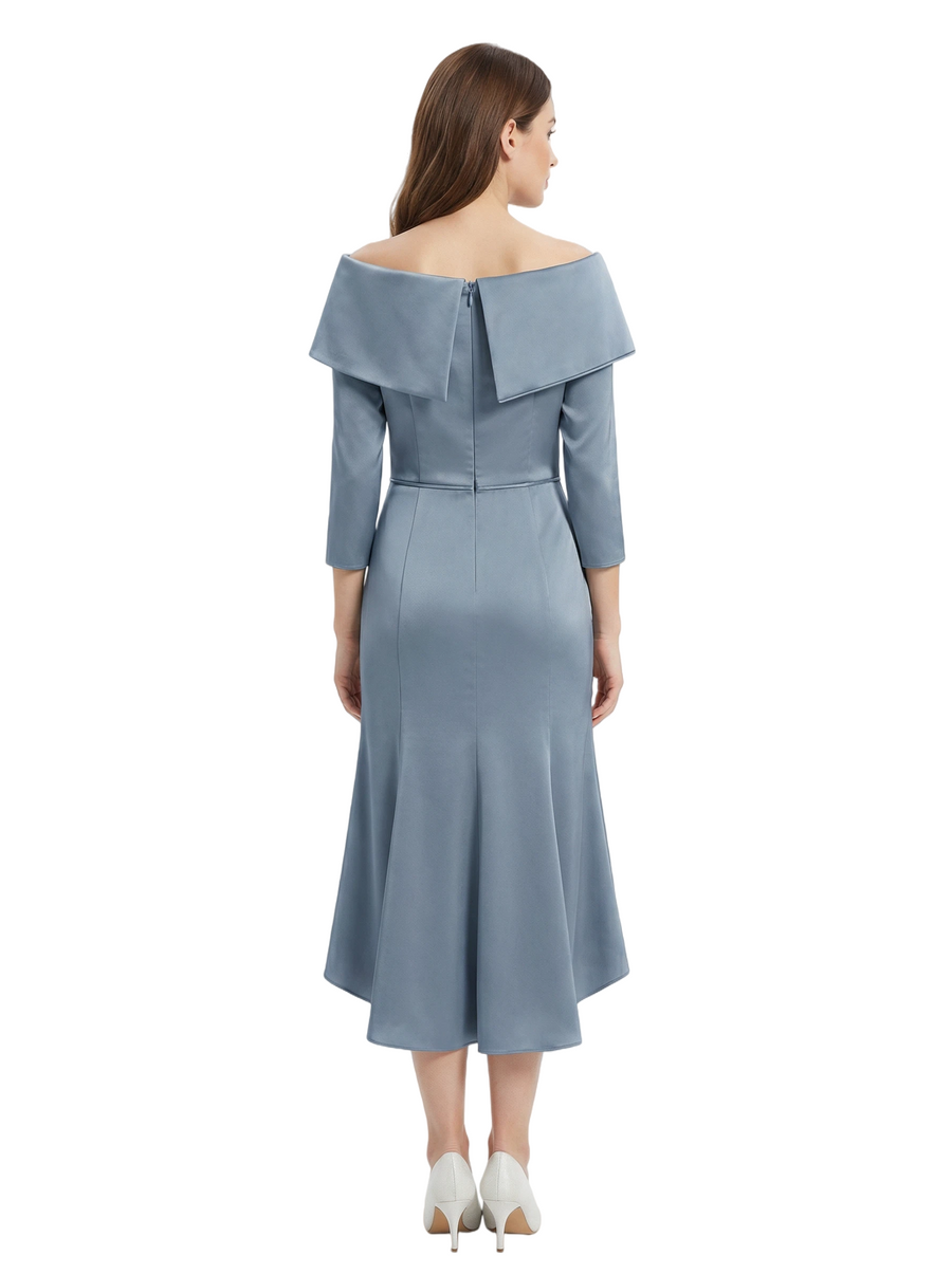 Classy Off Shoulder Satin Mother of The Groom Dress Tea-Length With Sleeves for Special Events