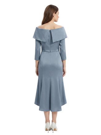 Classy Off Shoulder Satin Mother of The Groom Dress Tea-Length With Sleeves for Special Events