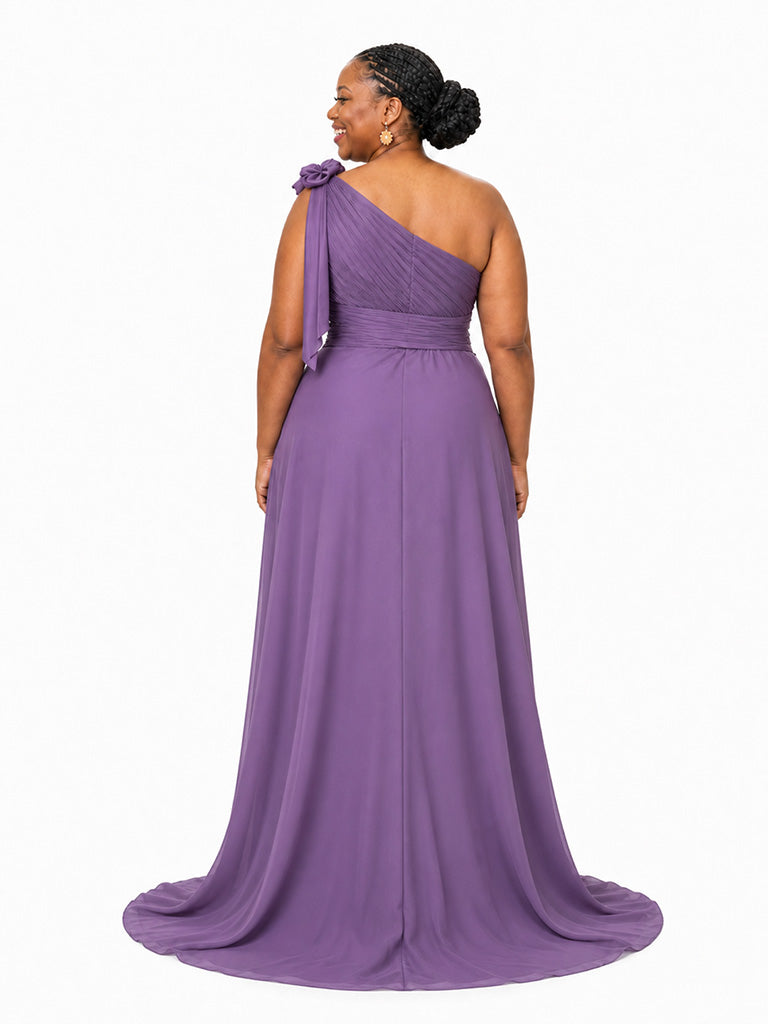 ChicSew Elegant One Shoulder Mermaid Ruched Side Slit Soft Satin Floor-Length Bridesmaid Dresses With Ruffle