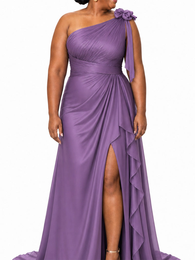ChicSew Elegant One Shoulder Mermaid Ruched Side Slit Soft Satin Floor-Length Bridesmaid Dresses With Ruffle