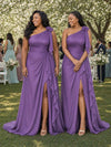 ChicSew Elegant One Shoulder Mermaid Ruched Side Slit Soft Satin Floor-Length Bridesmaid Dresses With Ruffle