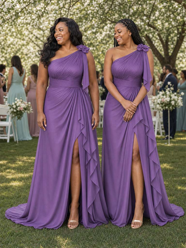 ChicSew Elegant One Shoulder Mermaid Ruched Side Slit Soft Satin Floor-Length Bridesmaid Dresses With Ruffle