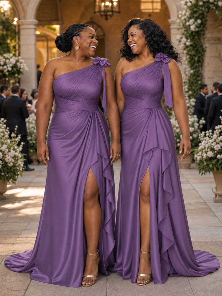 ChicSew Elegant One Shoulder Mermaid Ruched Side Slit Soft Satin Floor-Length Bridesmaid Dresses With Ruffle