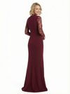 Formal V-Neck Sheath Silky Satin Front Slit Lace Long Sleeves Mother Of The Bride Gown