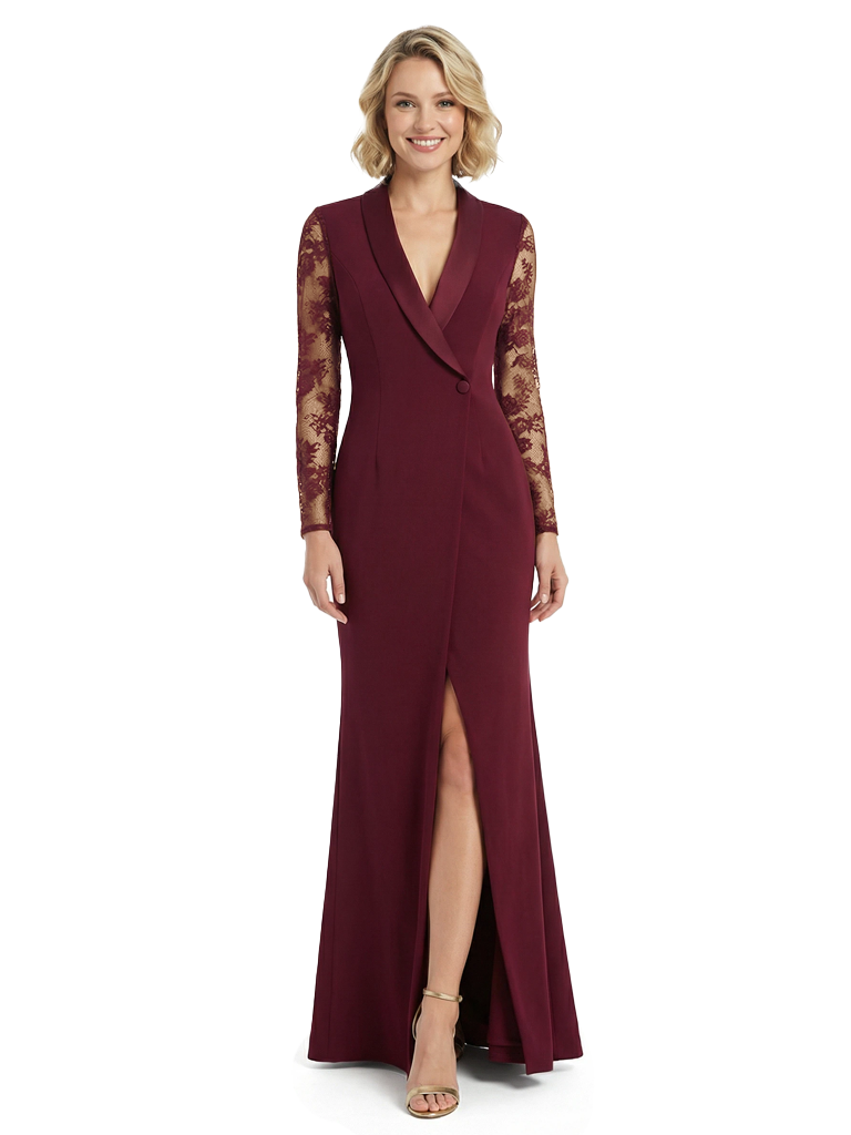 Formal V-Neck Sheath Silky Satin Front Slit Lace Long Sleeves Mother Of The Bride Gown