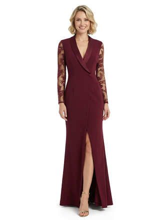 Formal V-Neck Sheath Silky Satin Front Slit Lace Long Sleeves Mother Of The Bride Gown