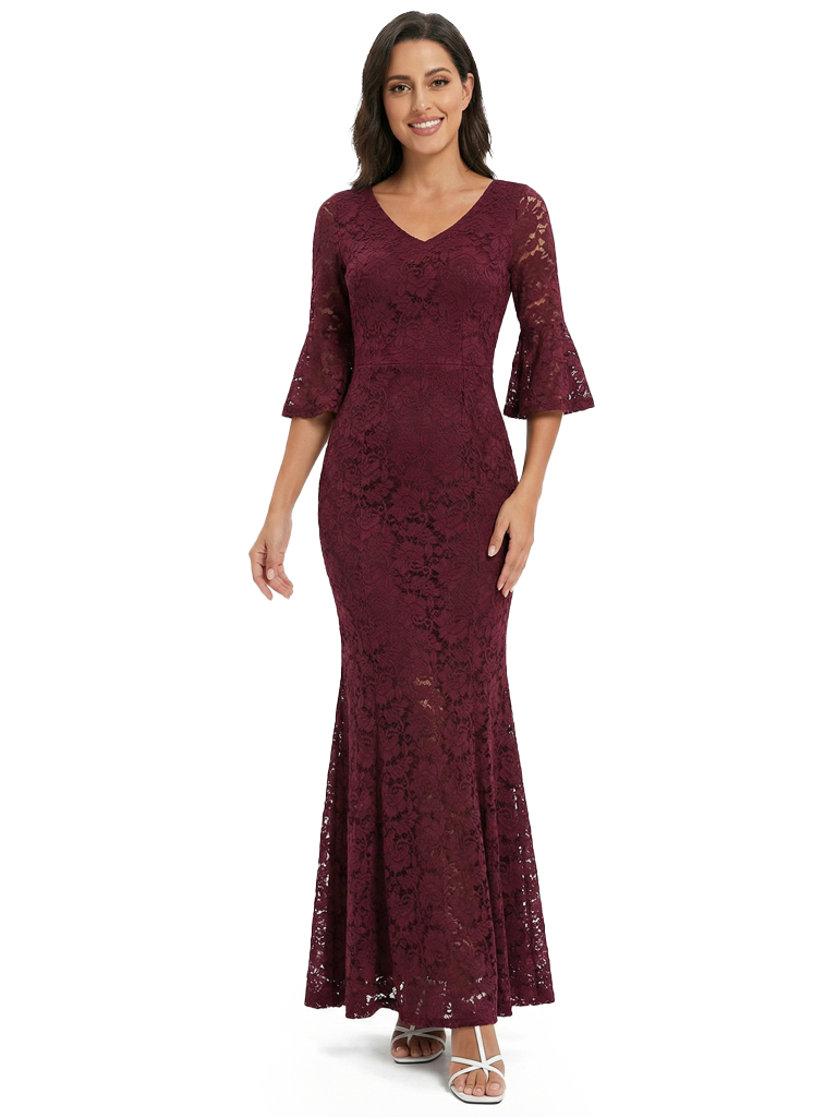 Classy V-Neck Lace Mermaid Maxi Mother Of The Groom Dress With Half Sleeves