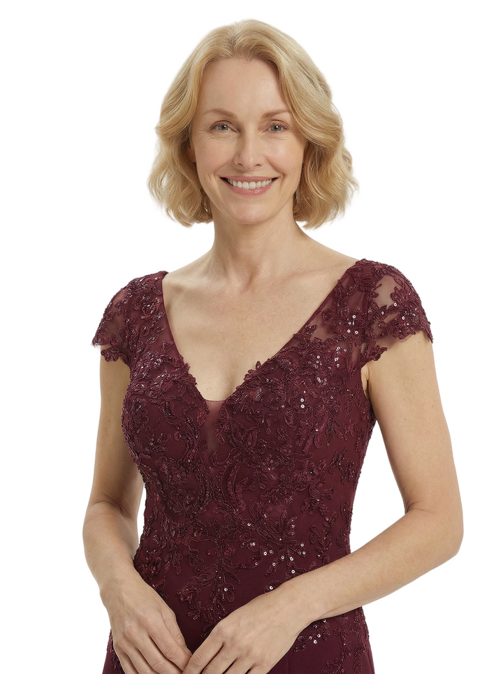 Modern Cap Sleeves Chiffon V-Neck Lace Evening Gown For Mother Of The Bride