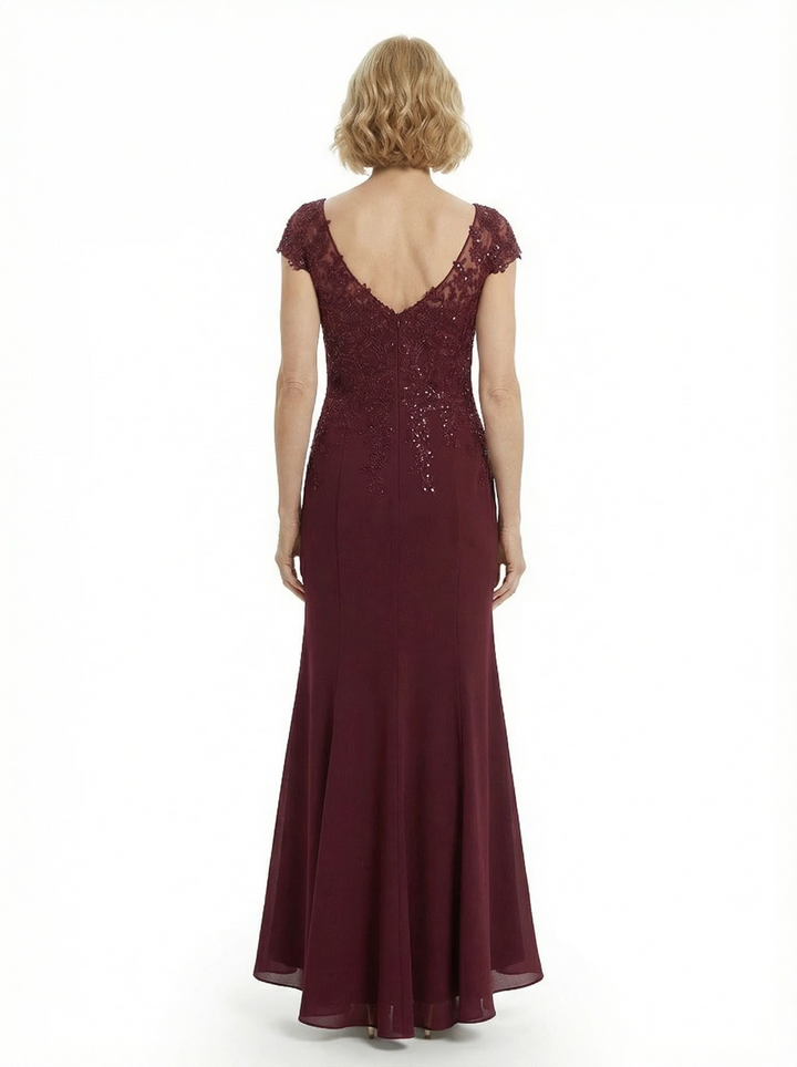 Modern Cap Sleeves Chiffon V-Neck Lace Evening Gown For Mother Of The Bride