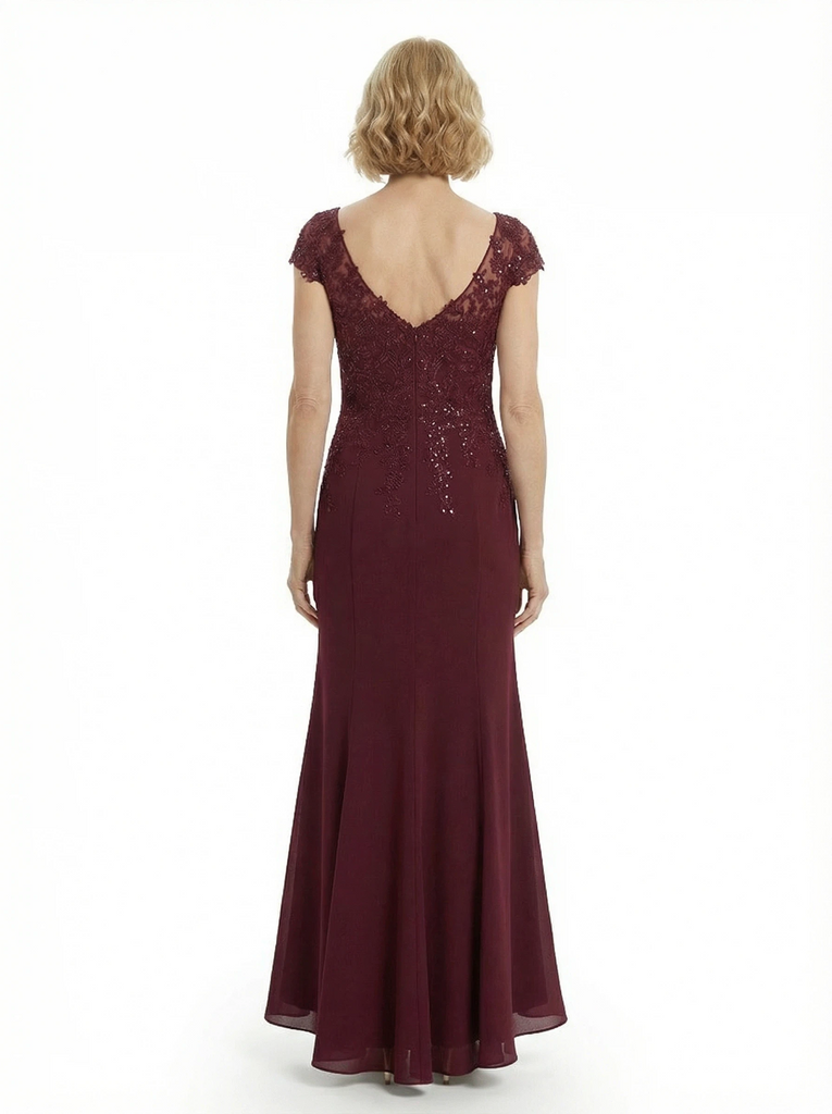 Modern Cap Sleeves Chiffon V-Neck Lace Evening Gown For Mother Of The Bride