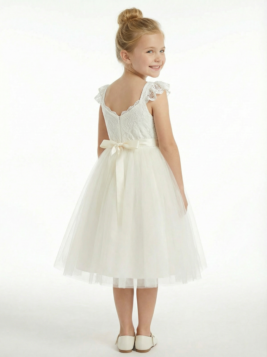 Lace Bodice Tulle Ball Gown Flower Girl Dress with Sweetheart Neckline and Flutter Sleeves