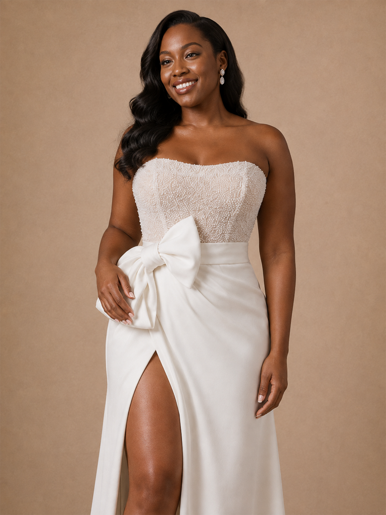 ChicSew Elegant Crepe Sweetheart Mermaid Side Slit Floor-Length Wedding Dress With Beading