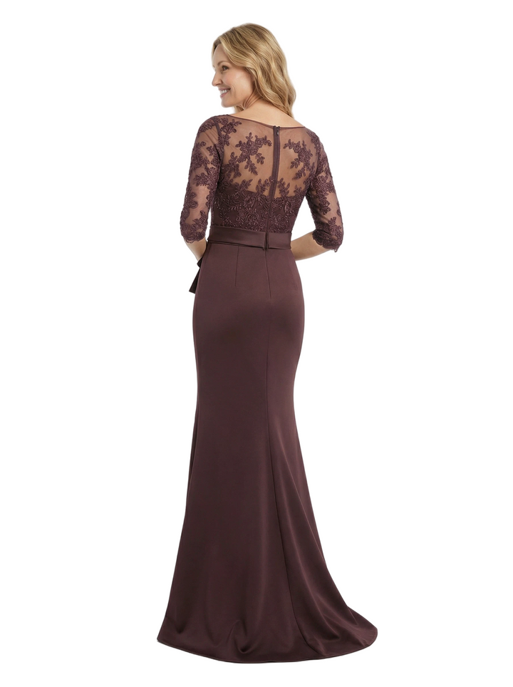 Elegant Mermaid Illusion Half Sleeves Lace Top Satin Mother Of The Bride Gown With Bow Knot