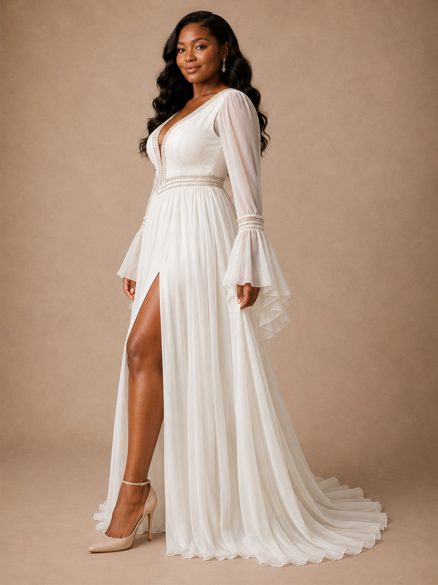 ChicSew Sexy V-Neck Chiffon Long Flutter Sleeves A-Line Side Slit Maxi Wedding Dress