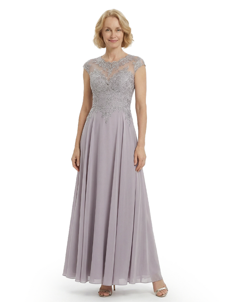 Chicsew Elegant Lace Top Cap Sleeves Ruched A-Line Chiffon Mother of The Bride Gown