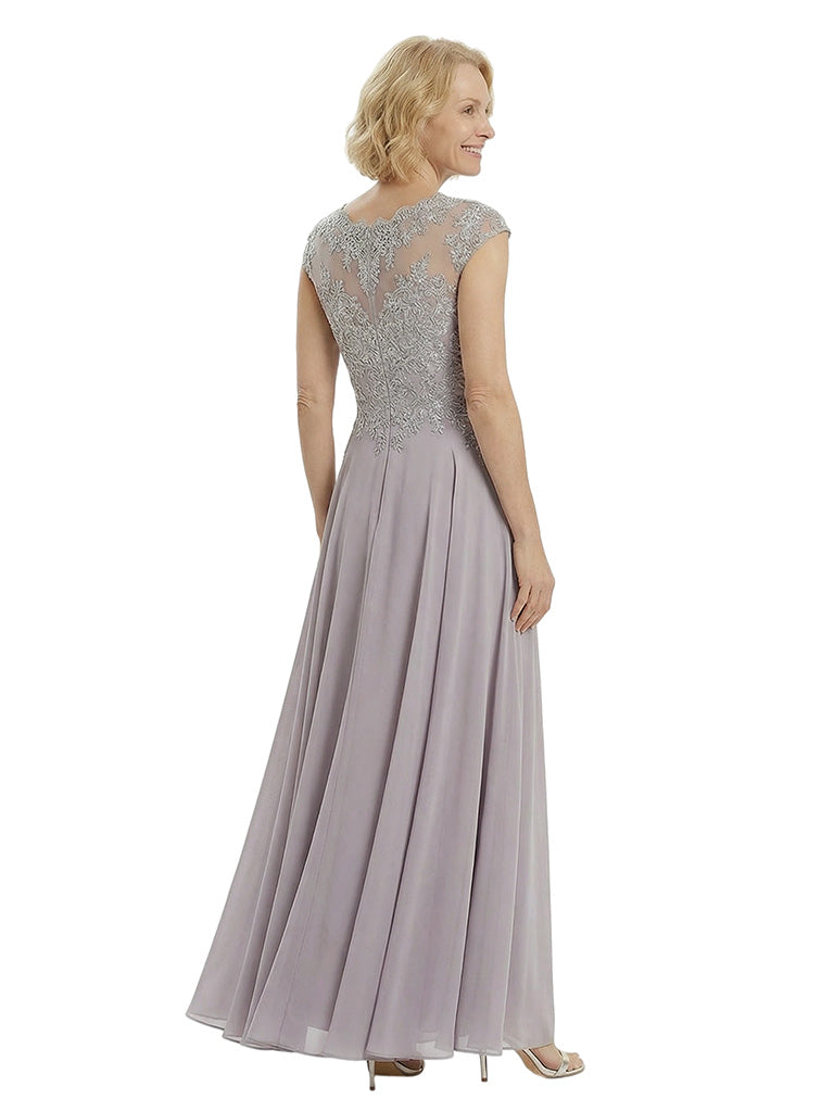 Chicsew Elegant Lace Top Cap Sleeves Ruched A-Line Chiffon Mother of The Bride Gown