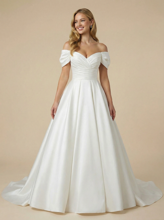 A-Line Off The Shoulder V-Neck Maxi Long Satin Wedding Dresses Gowns Online