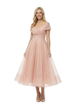 Chic Off the Shoulder Tea Length Prom Dress Modern Corset Bodice Flowy Tulle Classy Wrap Neck Formal Gown