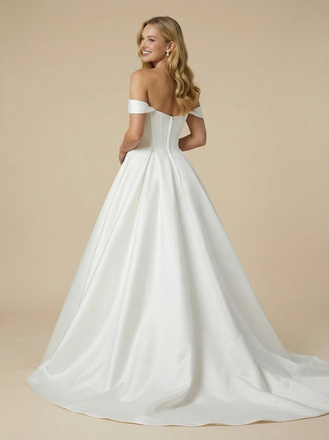 A-Line Off The Shoulder V-Neck Maxi Long Satin Wedding Dresses Gowns Online