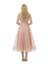Chic Off the Shoulder Tea Length Prom Dress Modern Corset Bodice Flowy Tulle Classy Wrap Neck Formal Gown
