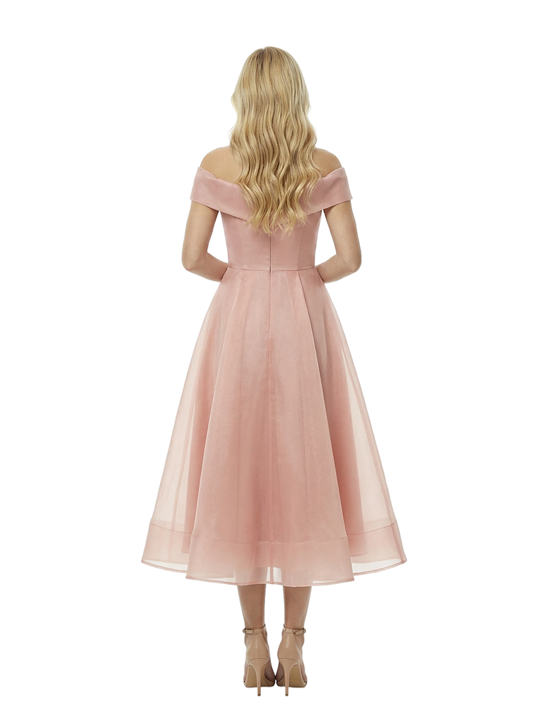 Chic Off the Shoulder Tea Length Prom Dress Modern Corset Bodice Flowy Tulle Classy Wrap Neck Formal Gown