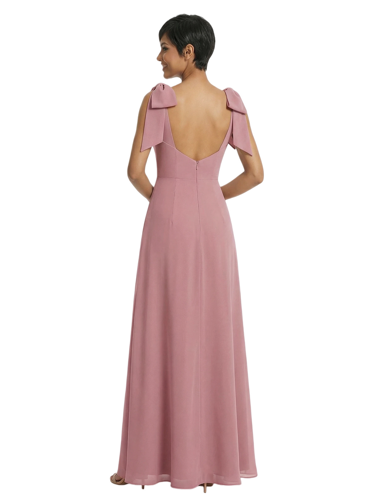 Pretty V-Neck Chiffon Maxi Evening Gown with Bow ShoulderMother of The Bride Dress Slit