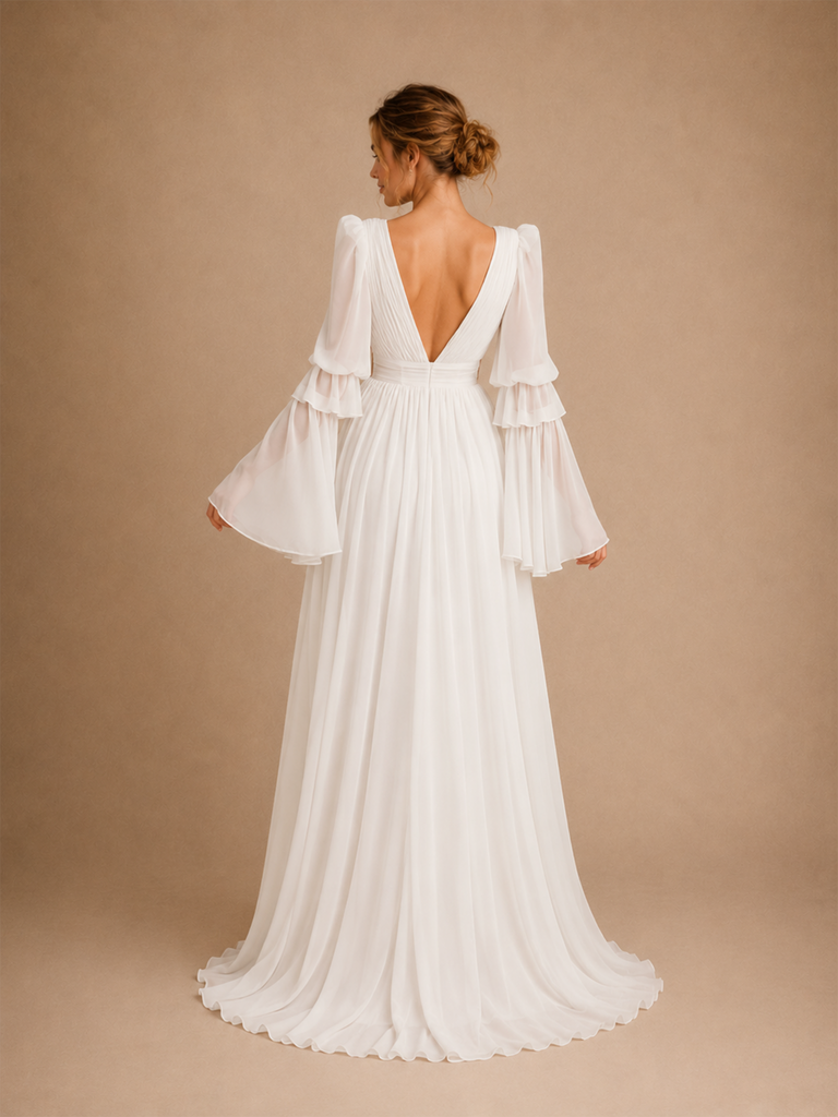 ChicSew Elegant V-Neck Chiffon Pleated Long Sleeves A-Line Floor-Length Wedding Dress