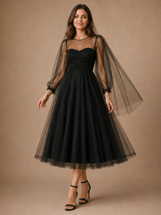 ChicSew Simple Illusion Long Sleeves Tulle A-Line Tea-Length Wedding Dresses