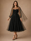 ChicSew Simple Illusion Long Sleeves Tulle A-Line Tea-Length Wedding Dresses
