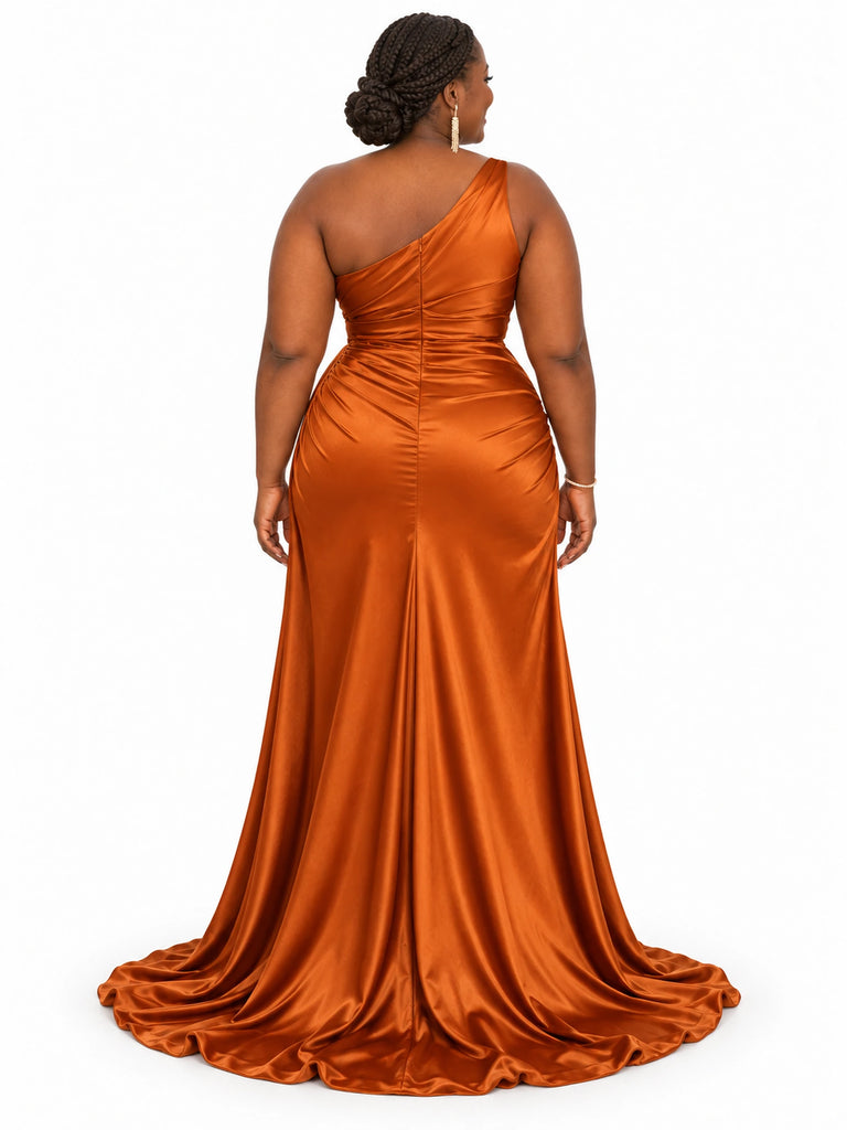 ChicSew Elegant One Shoulder Side Slit Mermaid Soft Satin Long Bridesmaid Dresses With Ruching