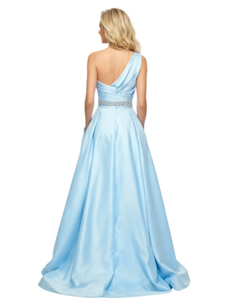 Unique One Shoulder Formal Evening Gown High Slit Satin Prom Dress Lace Bodice Fancy Pockets Flowy Silhouette