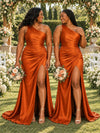 ChicSew Elegant One Shoulder Side Slit Mermaid Soft Satin Long Bridesmaid Dresses With Ruching