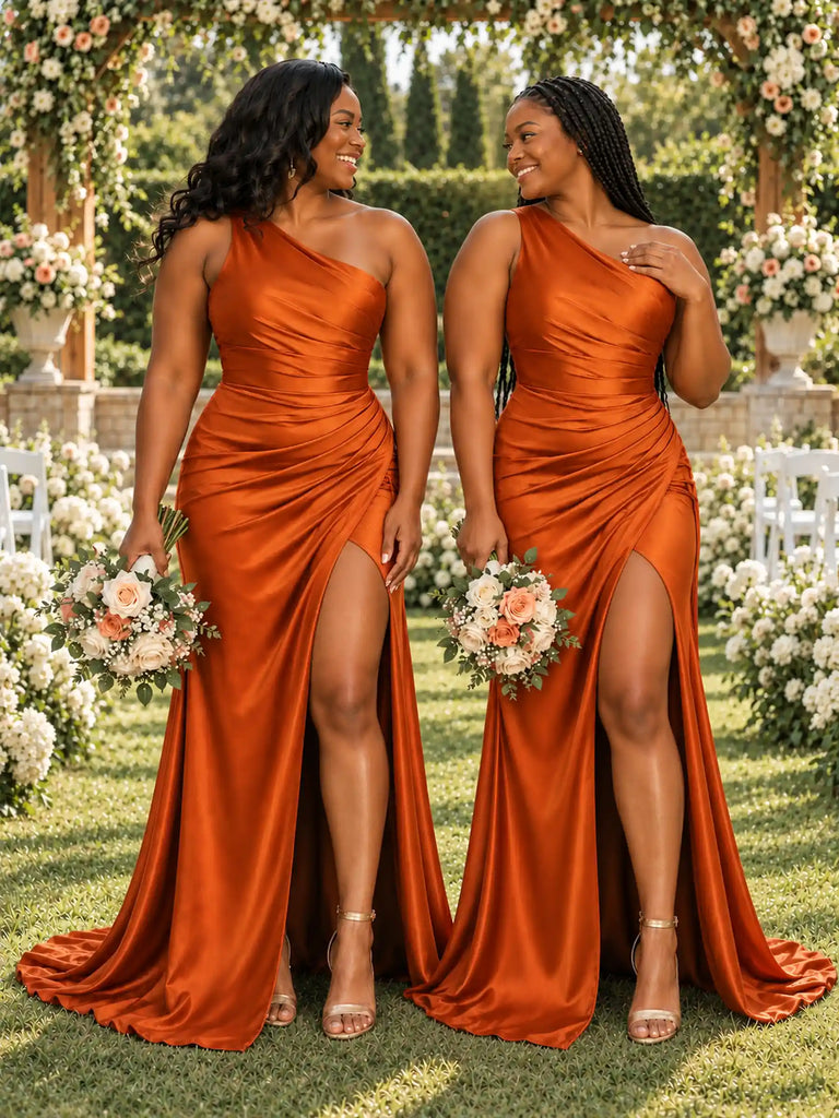 ChicSew Elegant One Shoulder Side Slit Mermaid Soft Satin Long Bridesmaid Dresses With Ruching