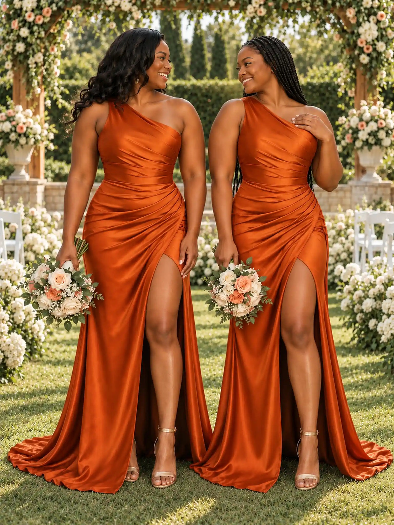 ChicSew Elegant One Shoulder Side Slit Mermaid Soft Satin Long Bridesmaid Dresses With Ruching