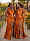 ChicSew Elegant One Shoulder Side Slit Mermaid Soft Satin Long Bridesmaid Dresses With Ruching