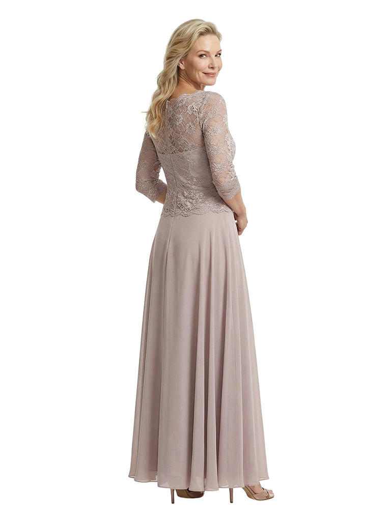 Chicsew Elegant Lace Appliques Top 3/4 Sleeves A-Line Chiffon Mother of The Bride Gown