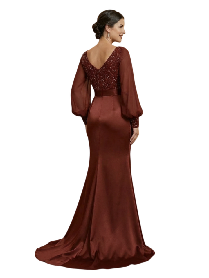 Chicsew Fancy Mother of The Groom Dress V-Neck Long Sleeves Sequin Lace Bodice Mermaid Train Satin Fabric Bow Accent Stylish Sophisticated Wedding Guest Gown