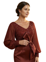 Chicsew Fancy Mother of The Groom Dress V-Neck Long Sleeves Sequin Lace Bodice Mermaid Train Satin Fabric Bow Accent Stylish Sophisticated Wedding Guest Gown