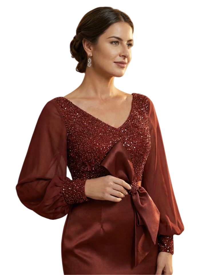 Chicsew Fancy Mother of The Groom Dress V-Neck Long Sleeves Sequin Lace Bodice Mermaid Train Satin Fabric Bow Accent Stylish Sophisticated Wedding Guest Gown