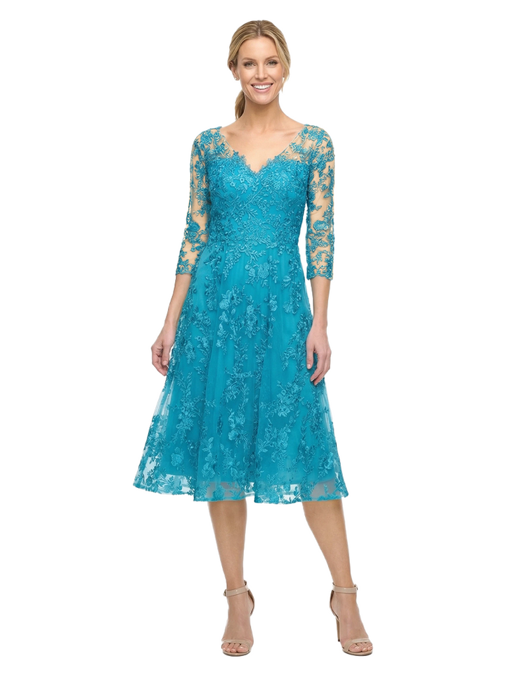 Chicsew Elegant V-Neck 3/4 Lace Sleeves Knee-Length A-Line Chiffon Mother of The Bride Dress
