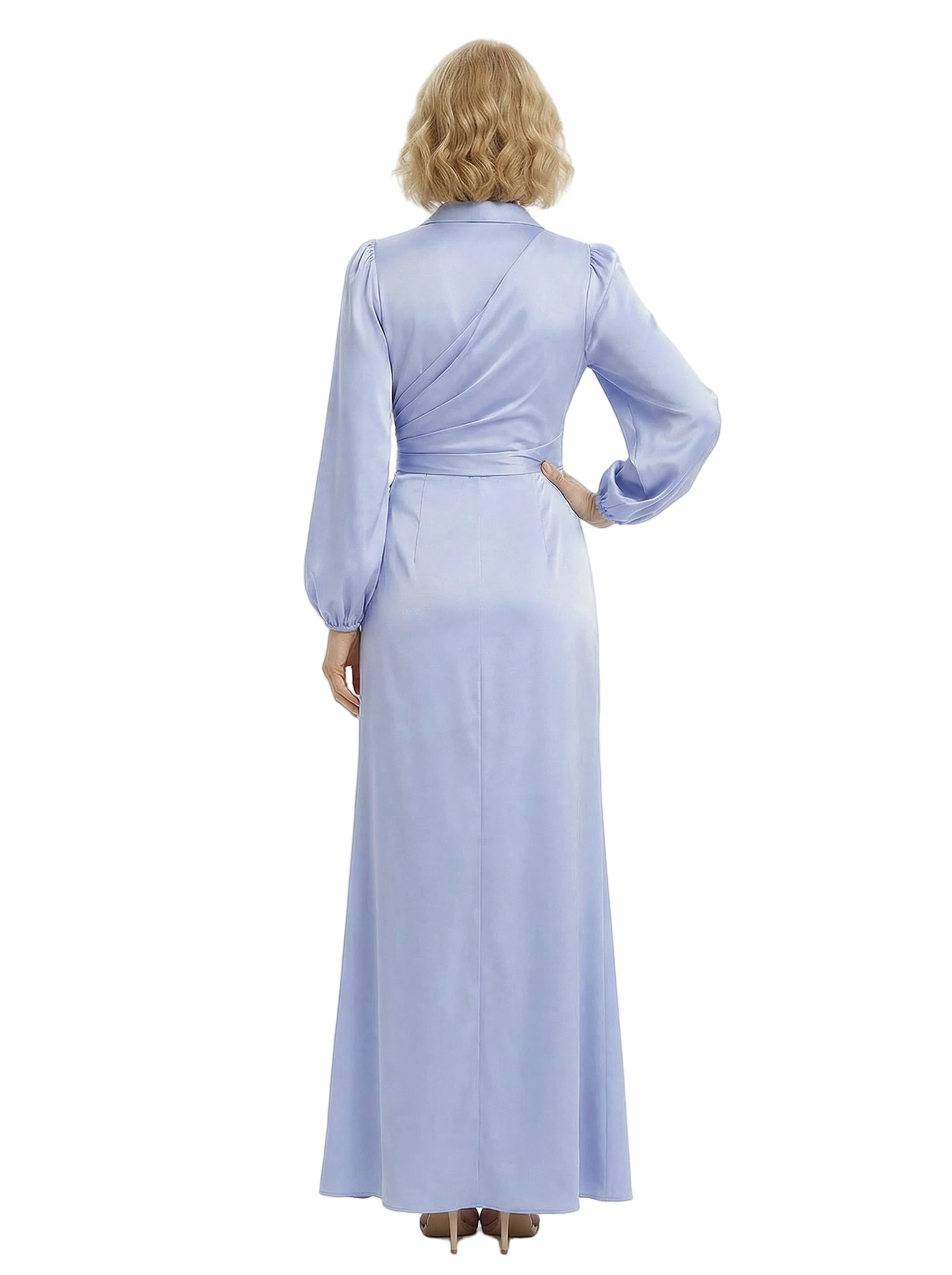 Chicsew Elegant Side Slit Silky Satin Long Sleeves Ruched Mother Of The Groom Formal Gown
