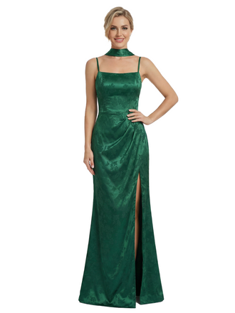 ChicSew Formal Dresses For Women Elegant Jacquard Satin Spaghetti Straps Side Slit Mermaid Long Formal Evening Dresses