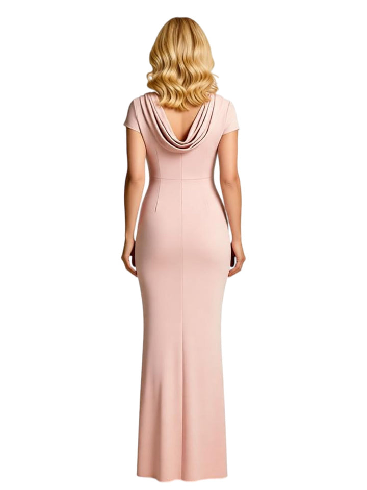 Chicsew Elegant Jewel Cap Sleeves Side Slit Satin Mermaid Mother of The Bride Dress