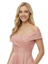 Chic Off the Shoulder Tea Length Prom Dress Modern Corset Bodice Flowy Tulle Classy Wrap Neck Formal Gown