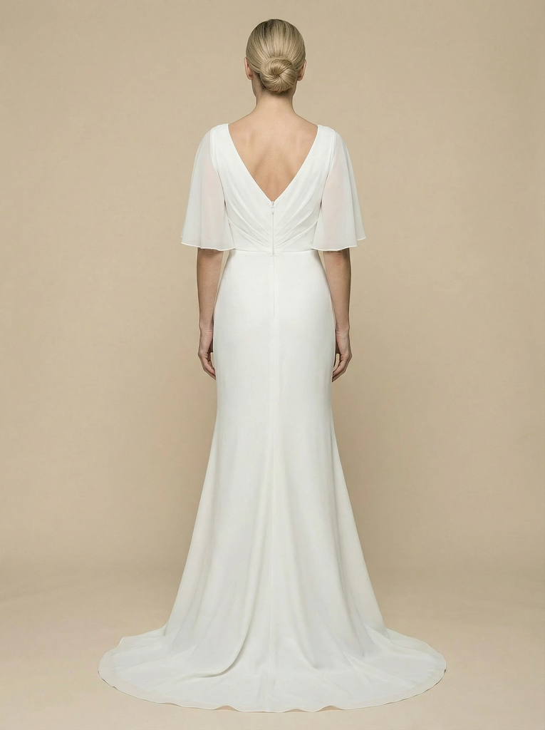 Mermaid Jewel Bell Sleeves Side Slit Maxi Long Satin Wedding Gowns Online