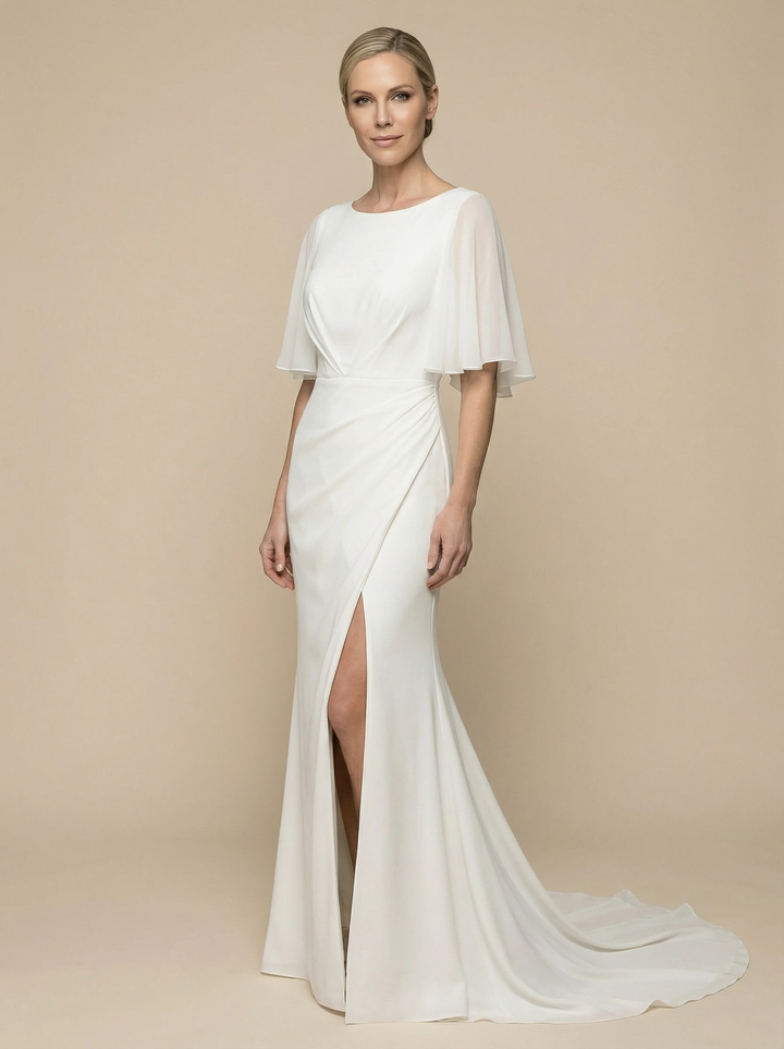 Mermaid Jewel Flutter Sleeves Side Slit Maxi Long Satin Wedding Gowns Online