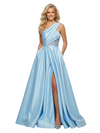Unique One Shoulder Formal Evening Gown High Slit Satin Prom Dress Lace Bodice Fancy Pockets Flowy Silhouette