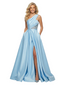 Unique One Shoulder Formal Evening Gown High Slit Satin Prom Dress Lace Bodice Fancy Pockets Flowy Silhouette