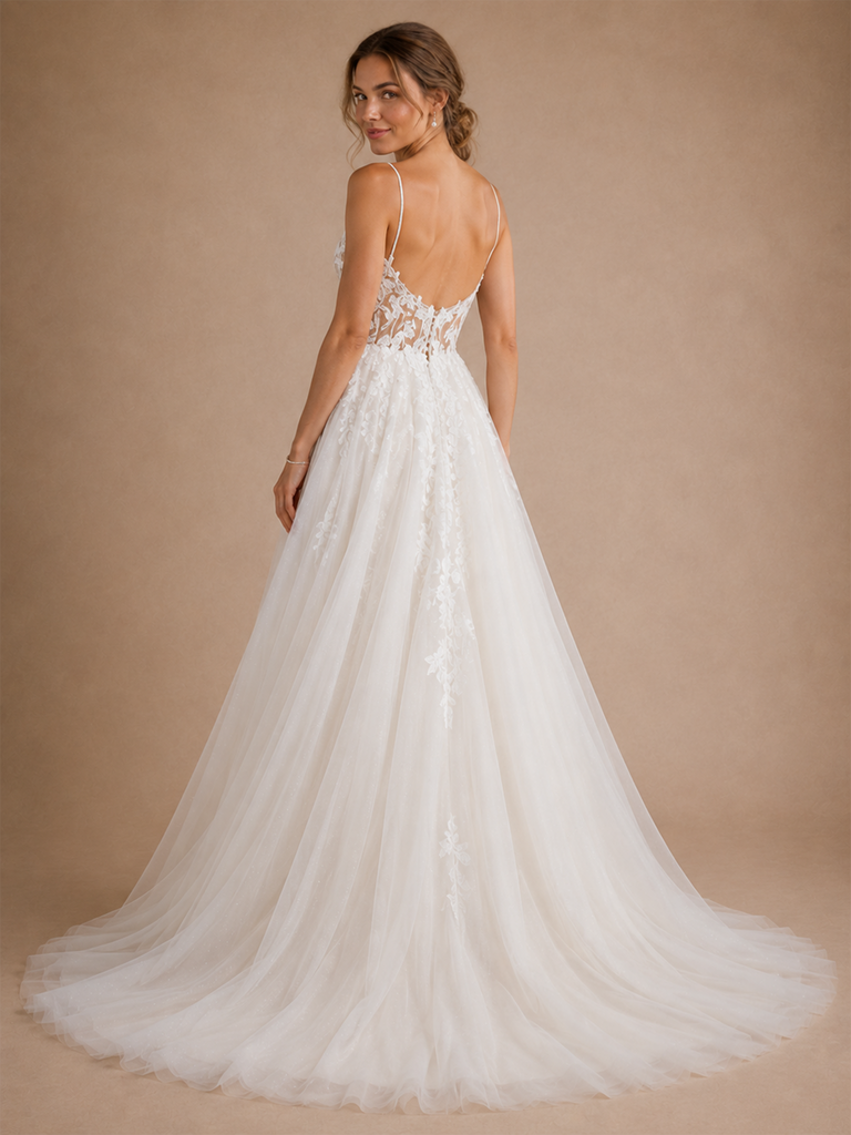 ChicSew Elegant Fancy Spaghetti Straps Lace Tulle Maxi A-Line Wedding Dress